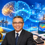 Ilustrasi cognitive offloading dengan penulis opini, otak digital AI, dan analisis risiko industri migas.