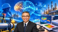 Ilustrasi cognitive offloading dengan penulis opini, otak digital AI, dan analisis risiko industri migas.