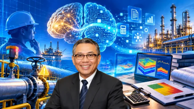 Ilustrasi cognitive offloading dengan penulis opini, otak digital AI, dan analisis risiko industri migas.